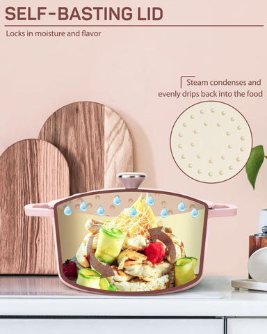 Ciwete pink cookware adds style to kitchen prep.