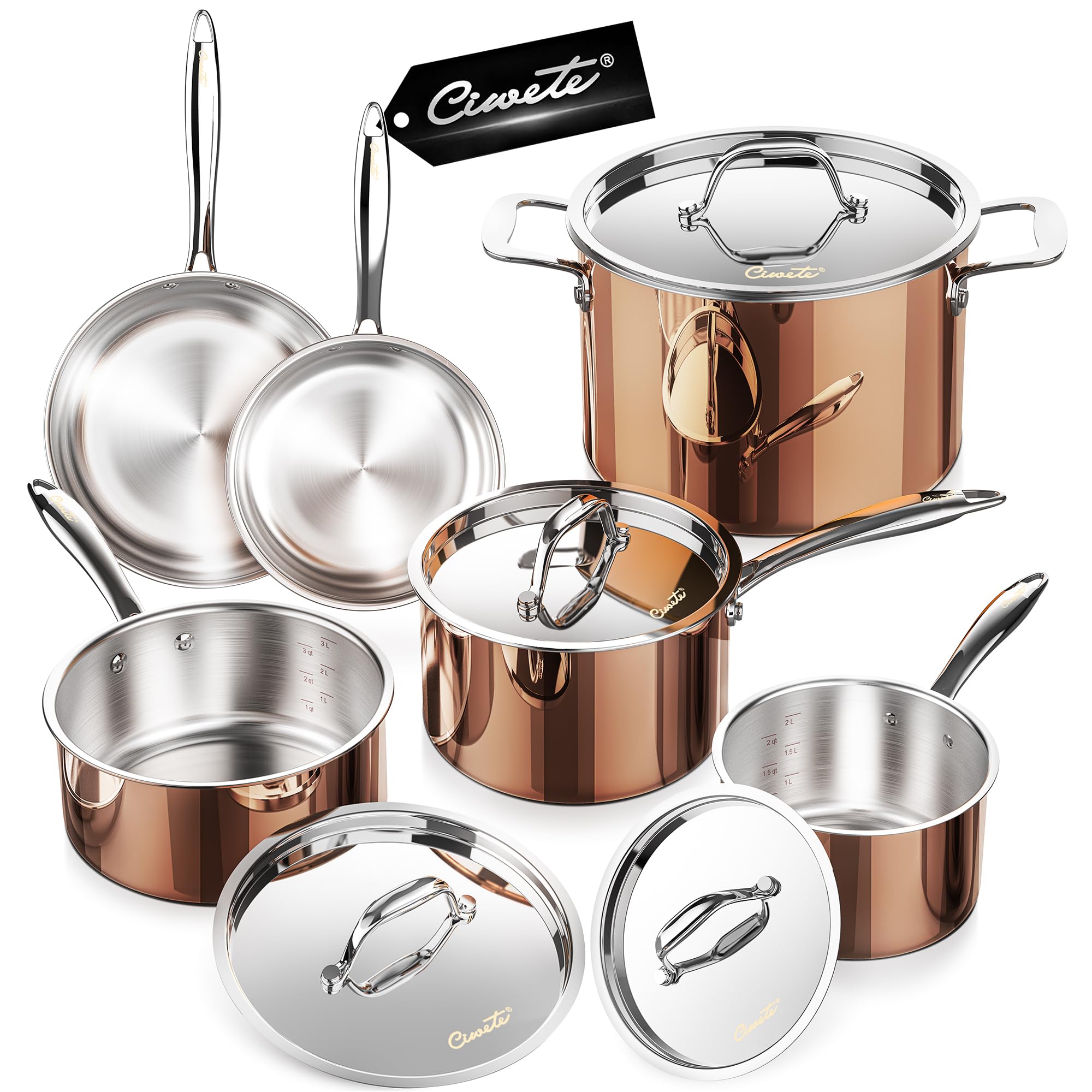 Ciwete tri-ply copper finish set enhances cooking with even heat distribution.