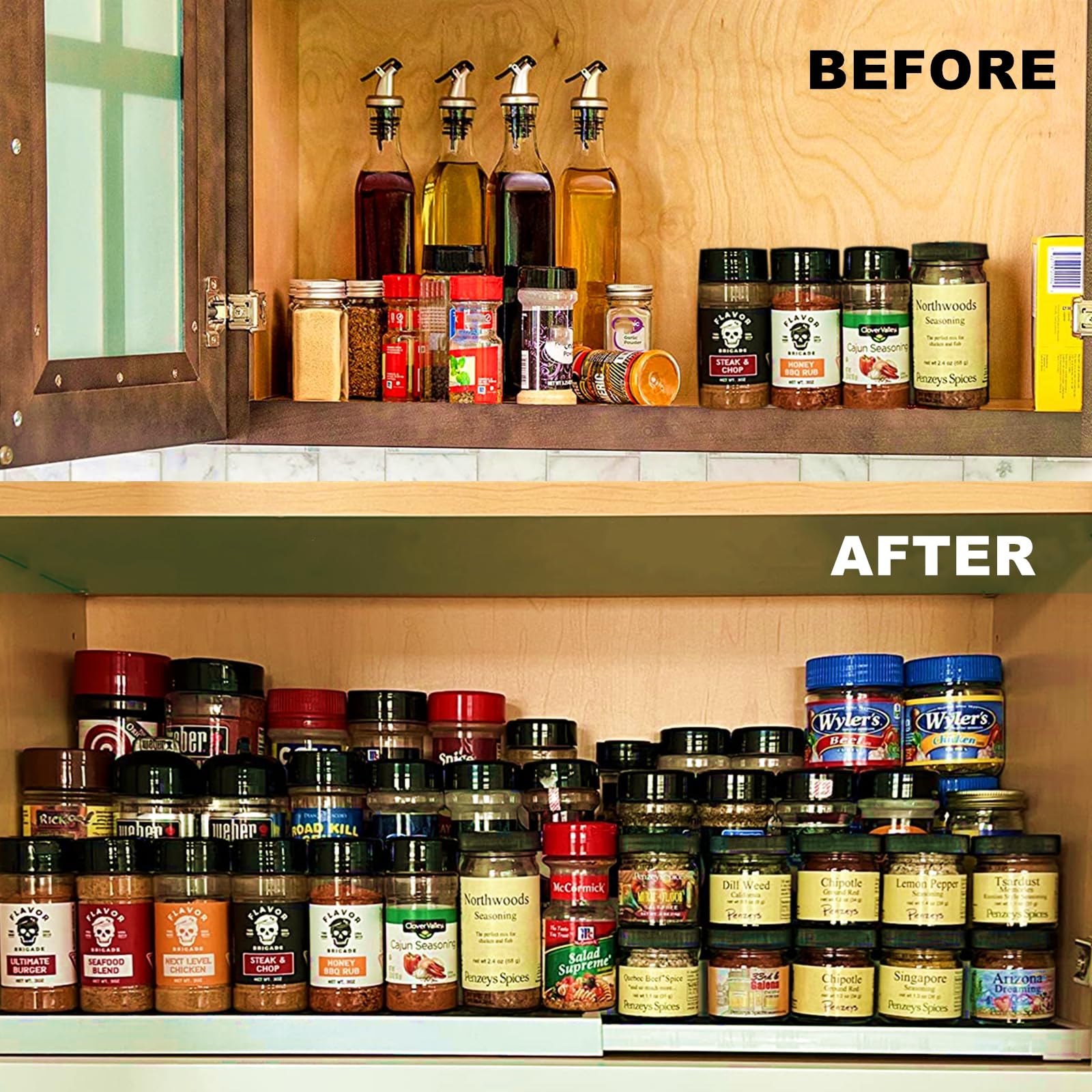 CiWiVOKi 3.5-inch-deep shelves holding spice jars and cans