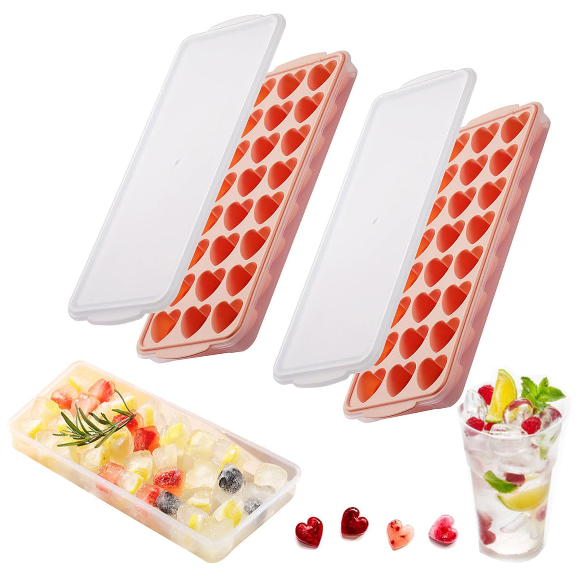 Ciyliwiyi heart ice cube tray with pink lid and bin for easy release