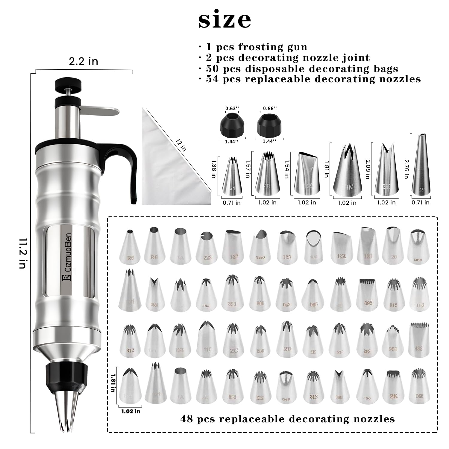 CizmuoBen 54 stainless steel piping tips close-up showing versatile decorating options