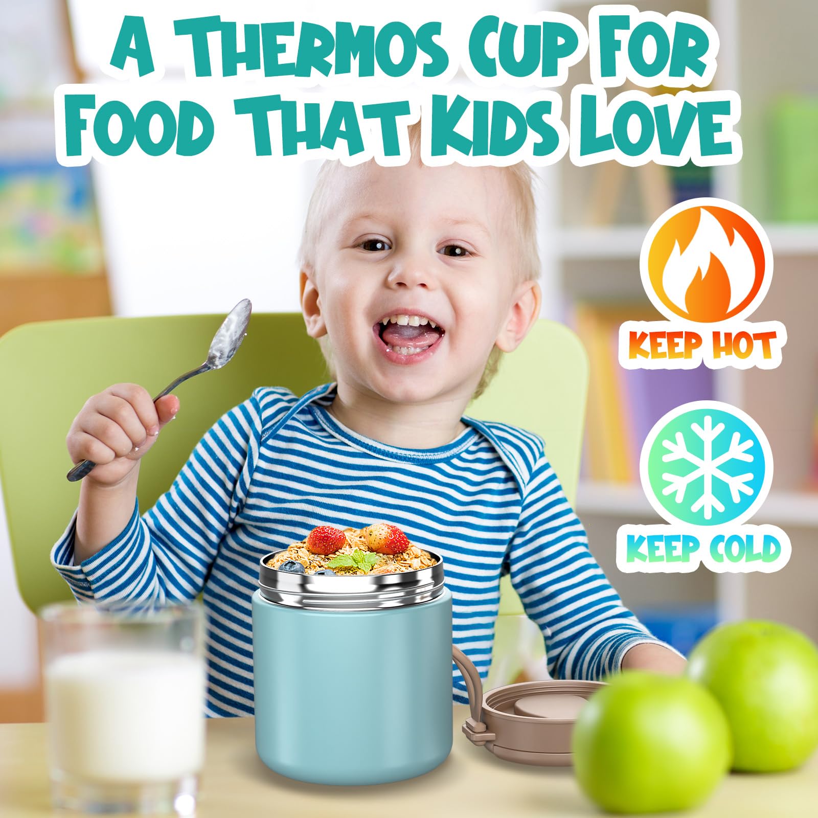 CJACJA kids thermo insulation image demonstrates hot and cold performance for varied meals