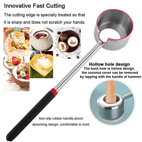 CJFocus coconut opener in hammer-use view showing easy hole creation.