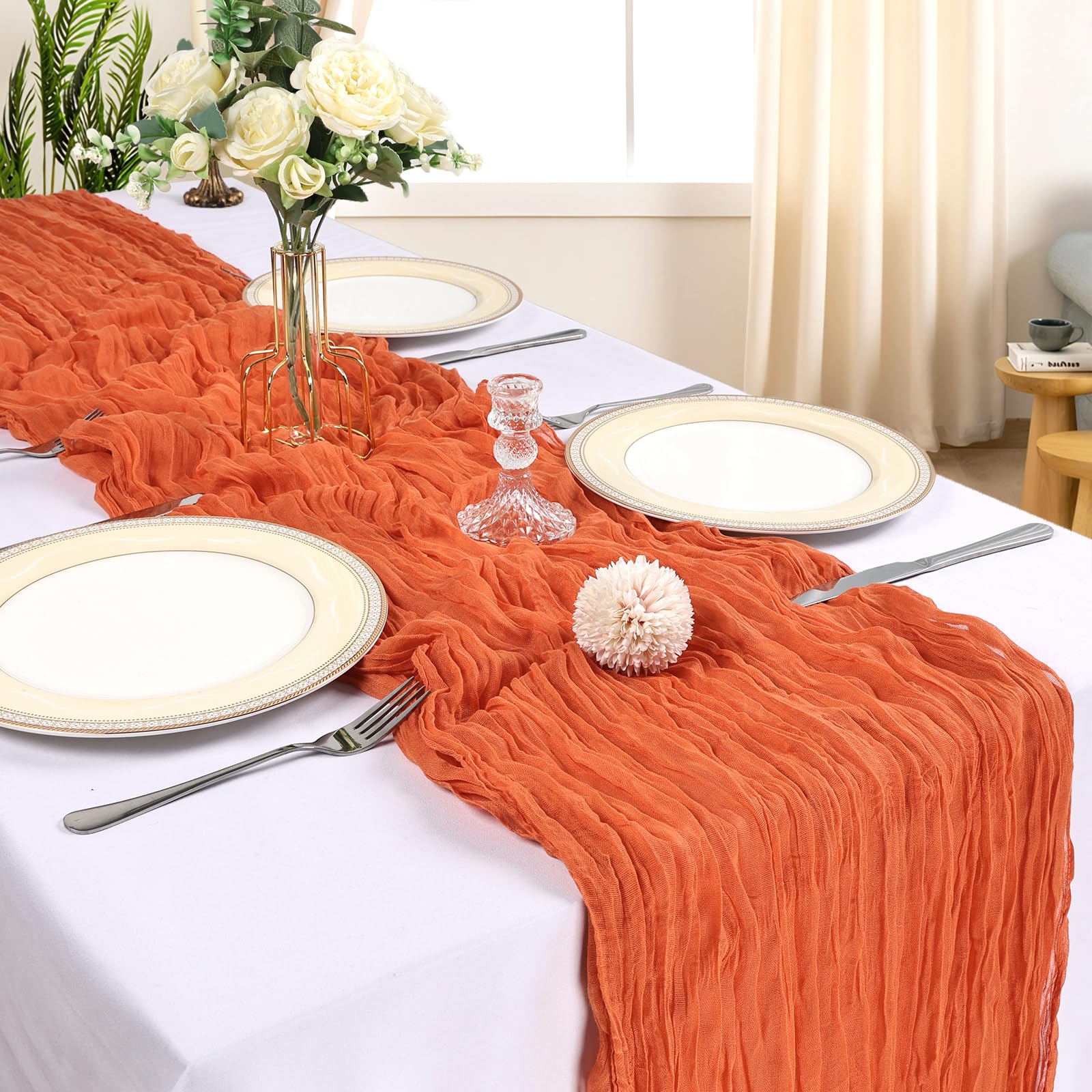 CKIKU boho gauze texture table runner adds soft elegance to dining settings.