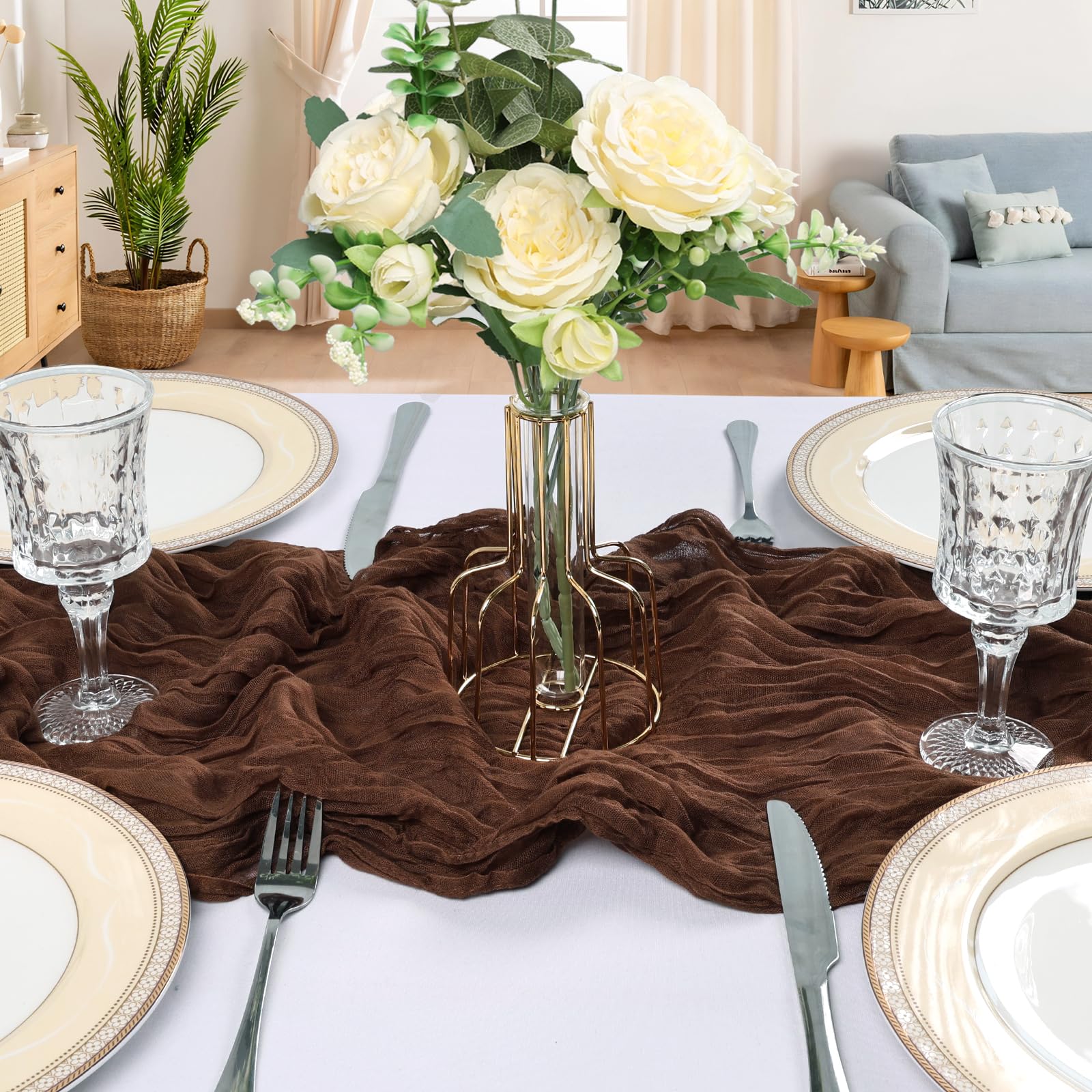 CKIKU brown cheesecloth runner showcasing boho texture on table