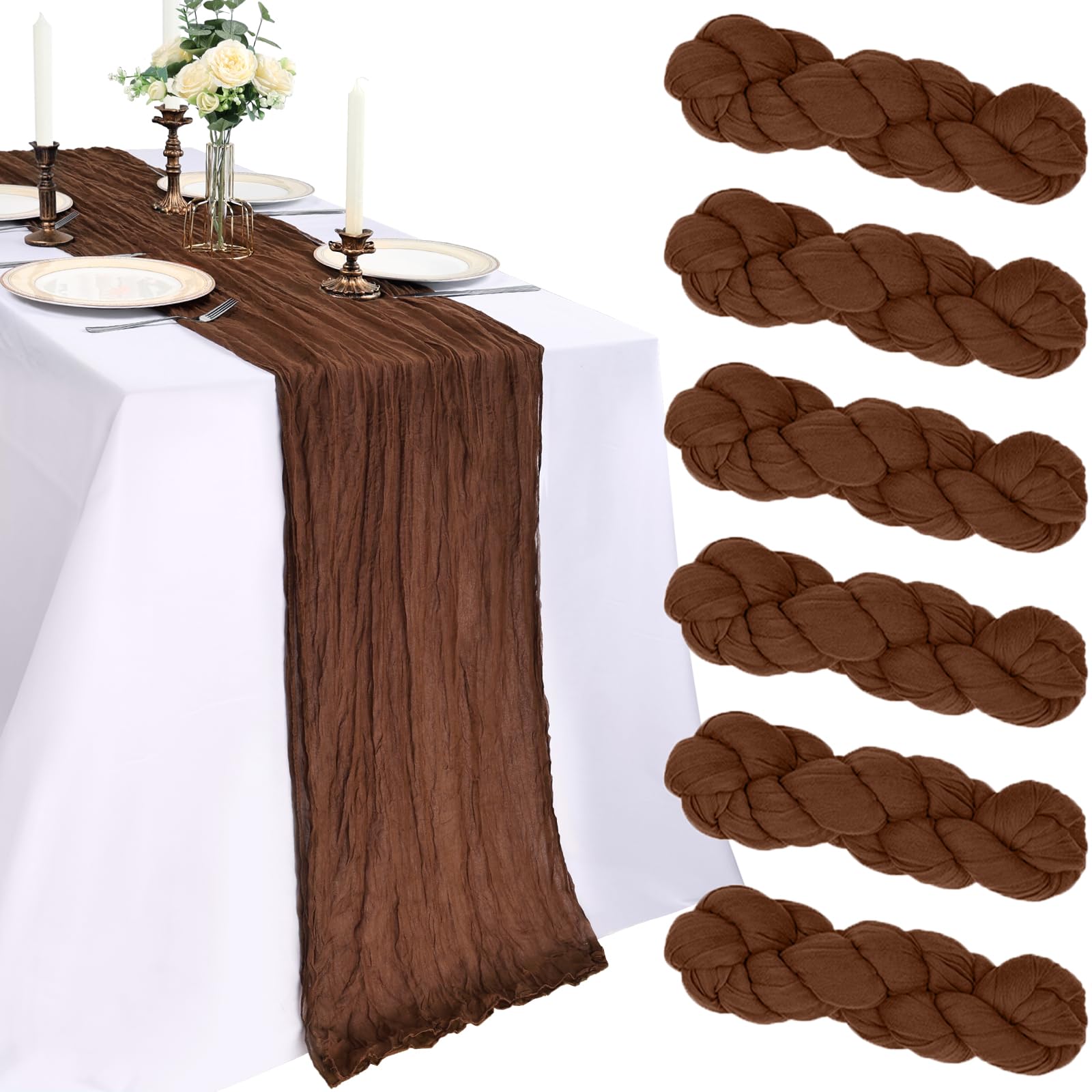 CKIKU brown cheesecloth table runner draped for rustic tablescape