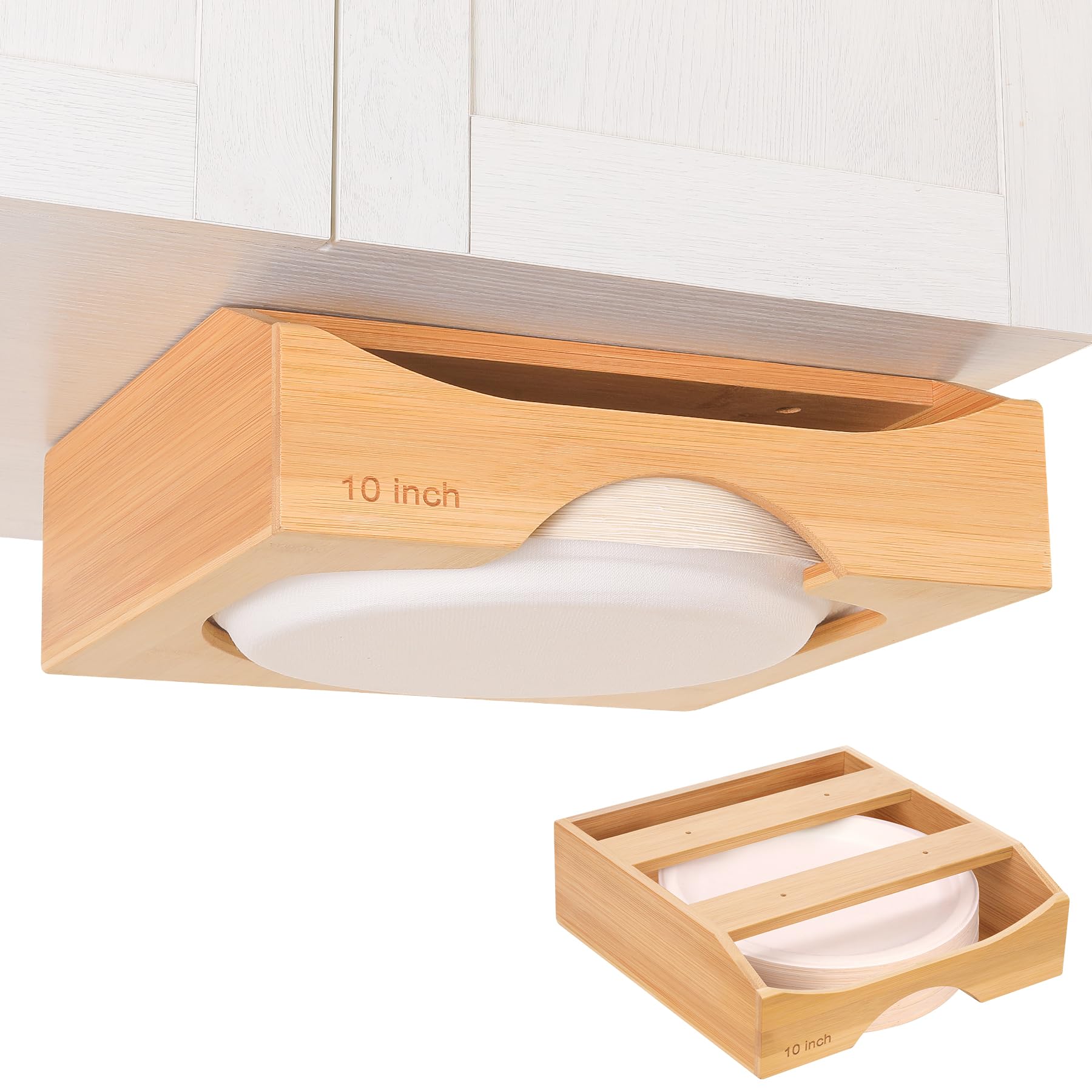 CKIU 10-inch bamboo paper plate dispenser under cabinet keeps plates neatly organized and accessible