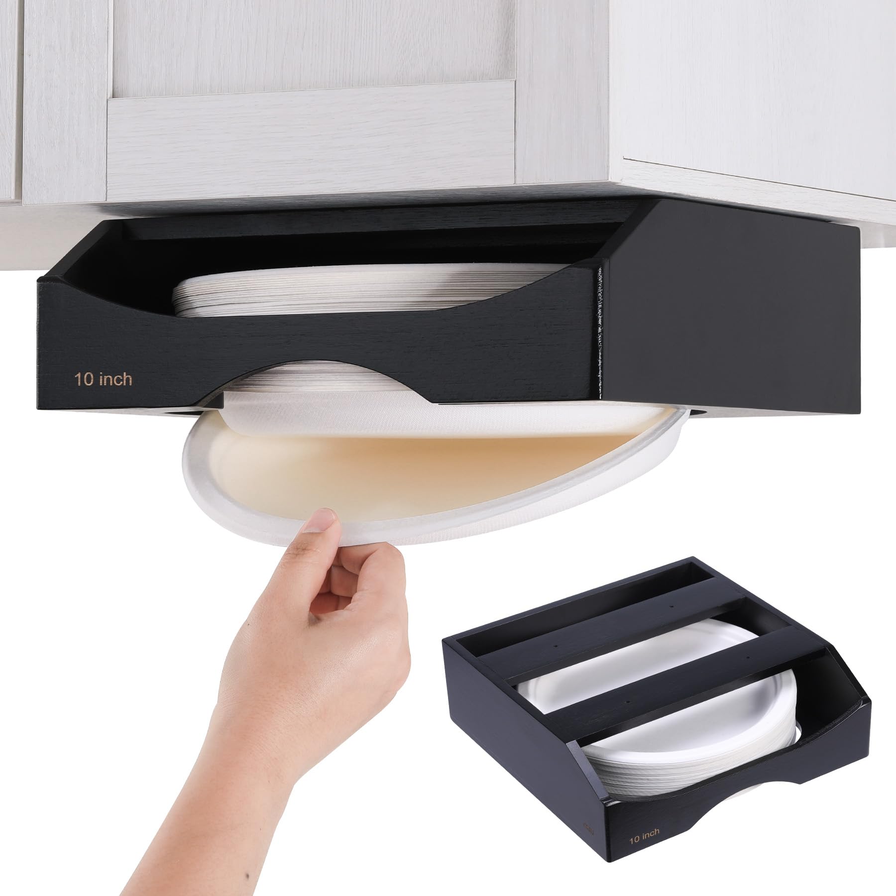 CKIU bamboo paper plate dispenser under cabinet in black keeps 10-inch plates organized and accessible.