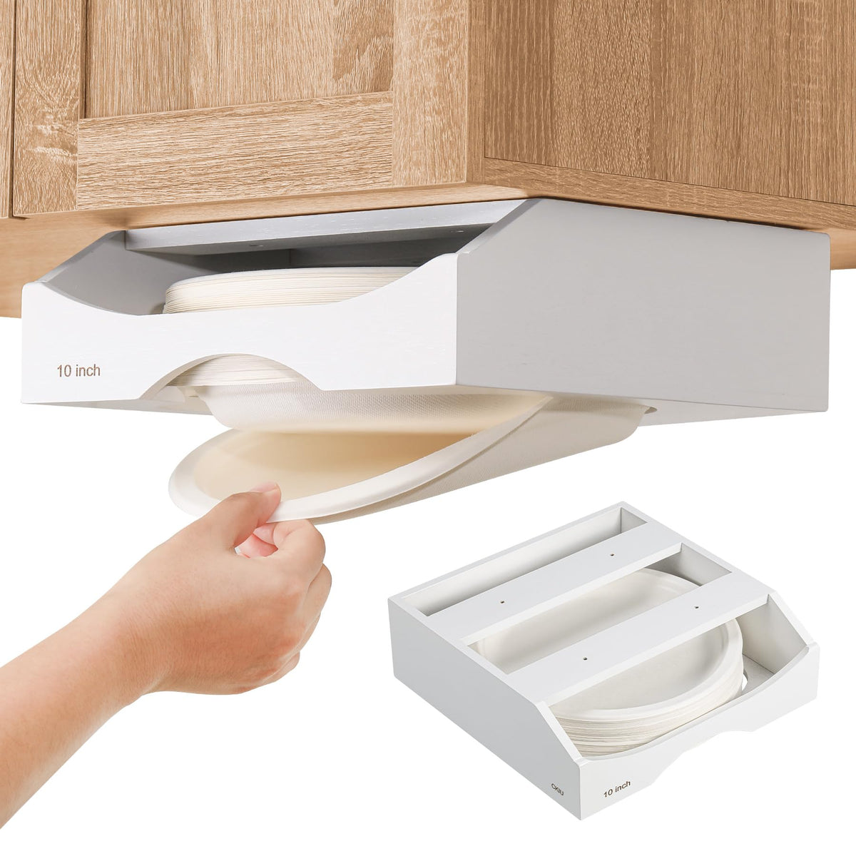 CKIU bamboo paper plate dispenser mounted under the cabinet keeps 10-inch plates organized