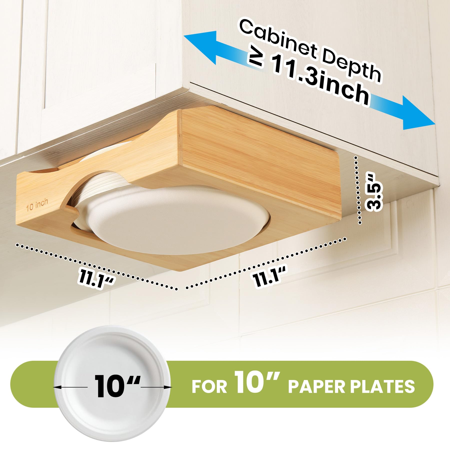 CKIU bamboo plate dispenser on counter keeps 10-inch plates easy to grab during meals