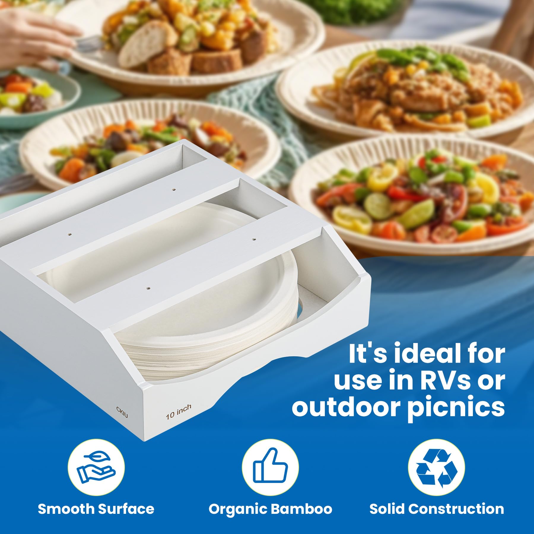 CKIU white kitchen dispenser blends with decor while keeping plates within reach