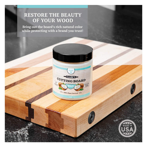 Bamboo cutting board treated with CLARK'S care kit for lasting protection.