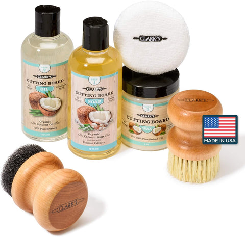 CLARK'S Cutting Board Oil applied to nourish wooden surfaces for longevity.