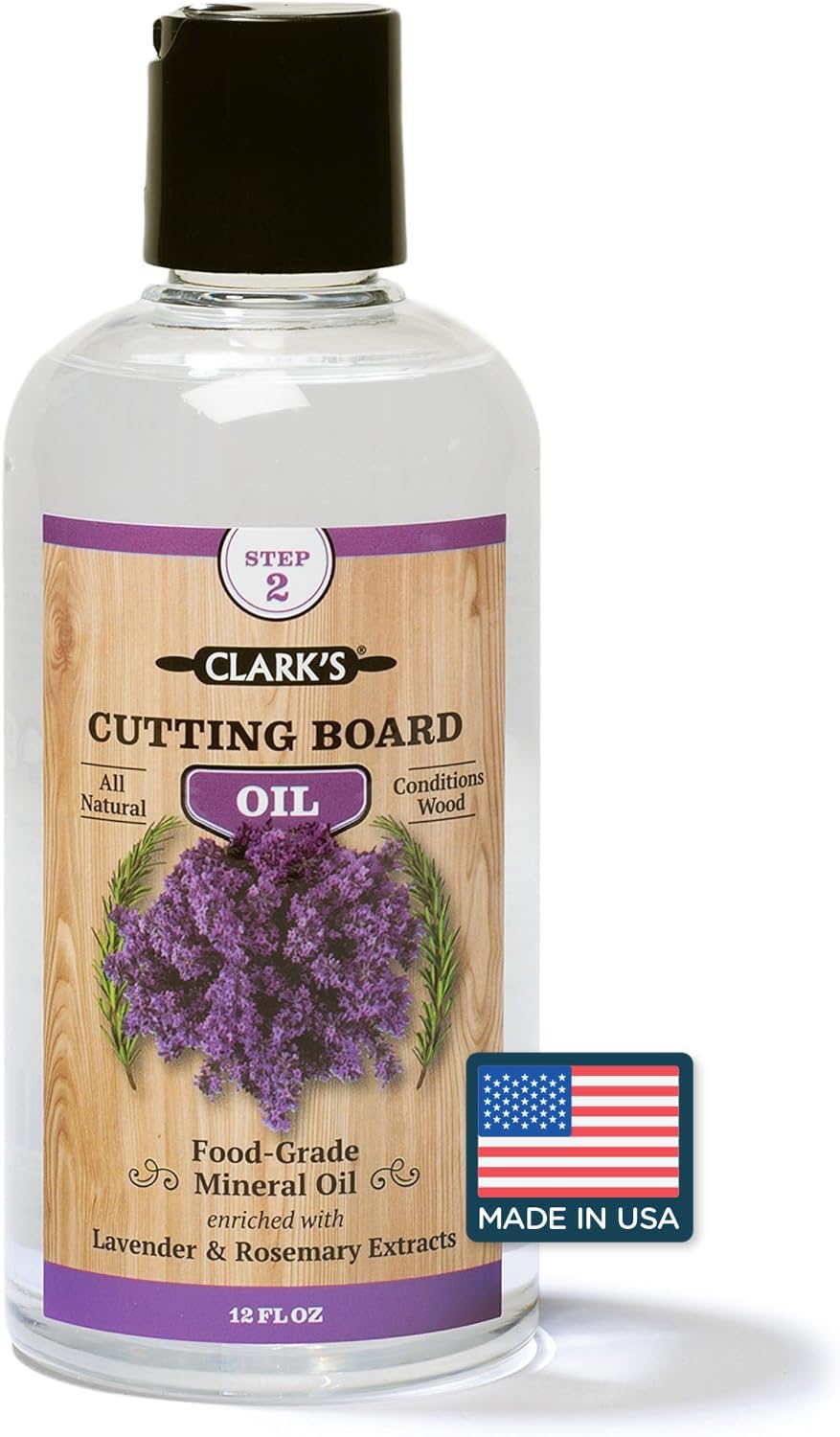 Clark's Cutting Board Oil bottle with lavender and rosemary scent for wood conditioning.