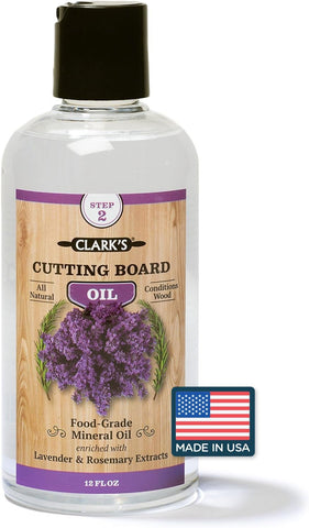 Clark's Cutting Board Oil bottle with lavender and rosemary scent for wood conditioning.
