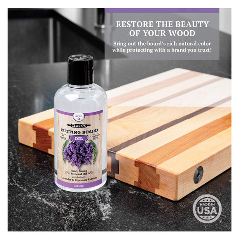 Woodcare application scene with Clark's oil nourishing utensils and surfaces.