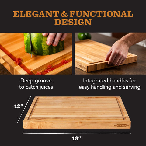 CLARK'S Maple Cutting Board measures 18x12 inches for versatile prep
