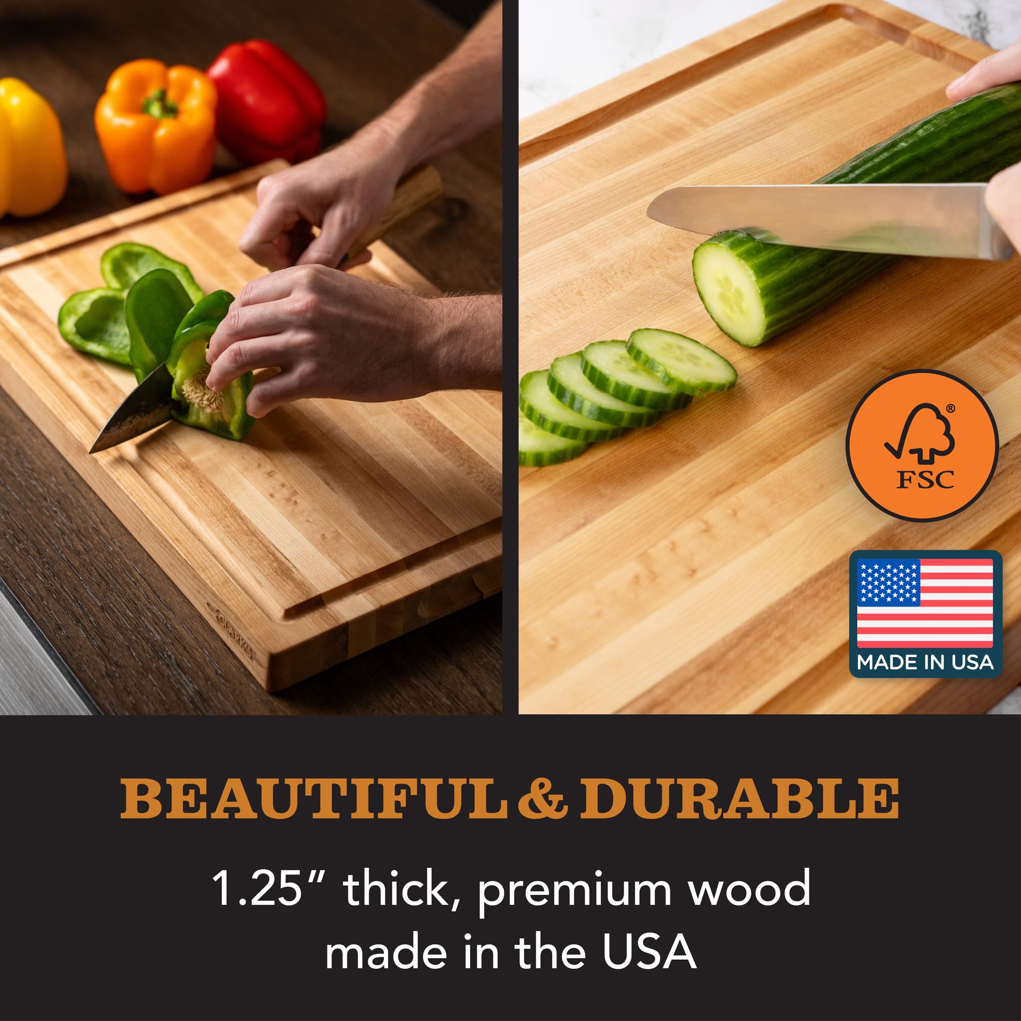CLARK'S Maple Cutting Board ideal for charcuterie plating and slicing