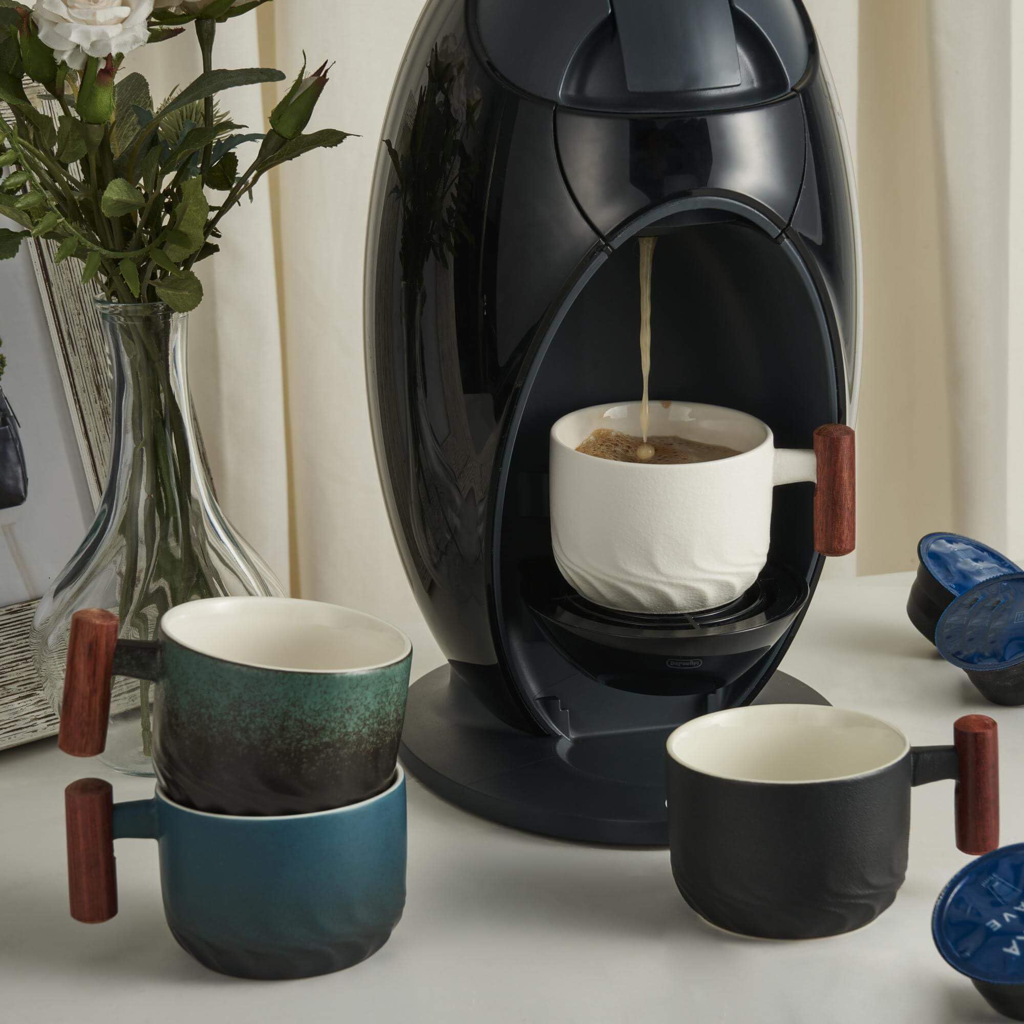CLASGLAZ demitasse cup with wooden handle and glossy green interior for bold drinks