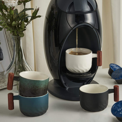 CLASGLAZ demitasse cup with wooden handle and glossy green interior for bold drinks