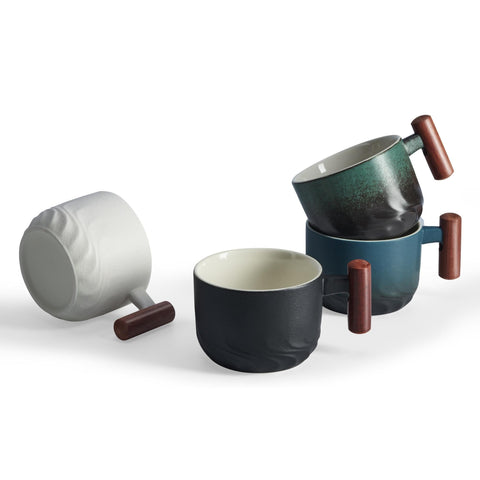 CLASGLAZ espresso mug set of 4 with wooden handles in natural tones