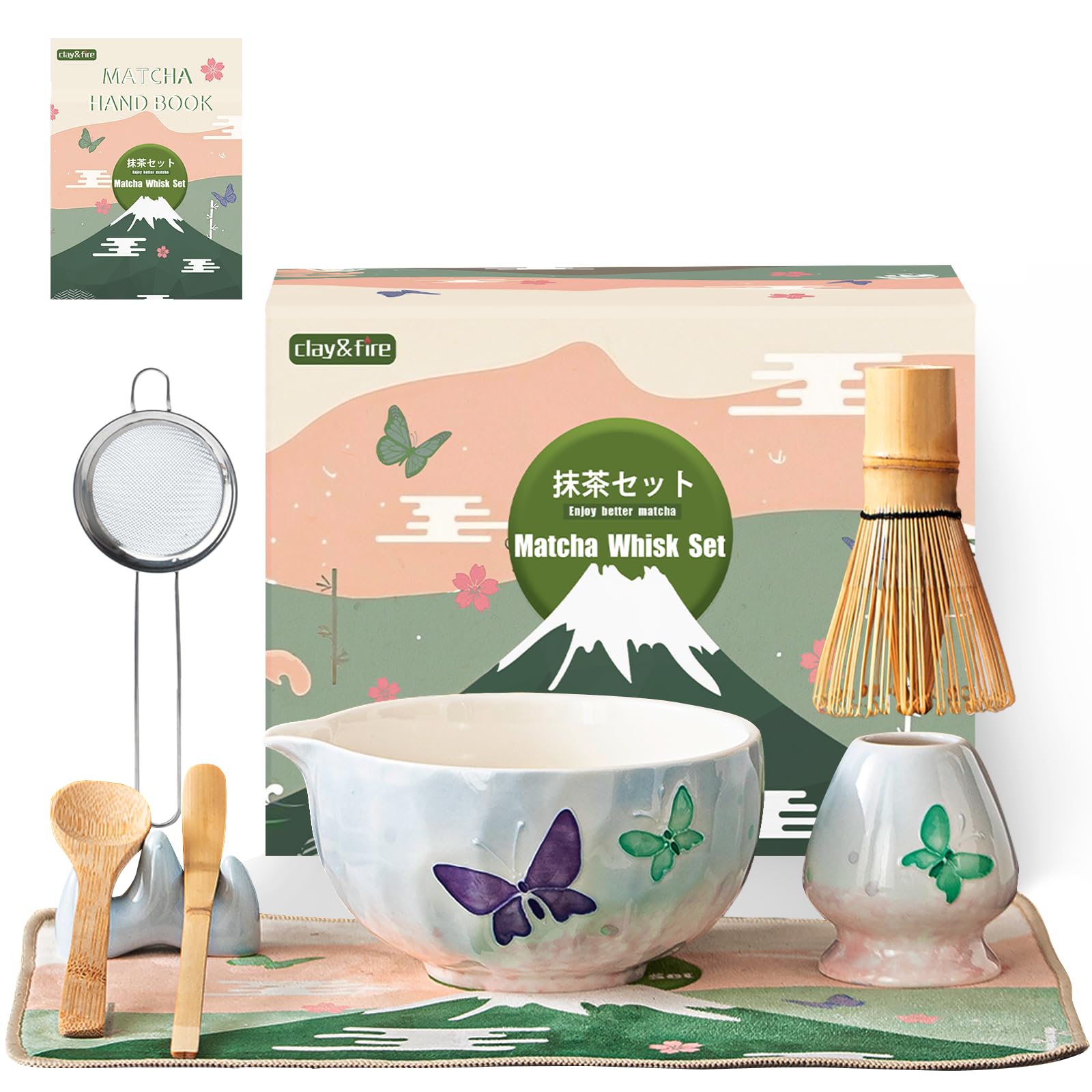 Clay & Fire matcha bowl with butterfly design for elegant tea ceremonies.