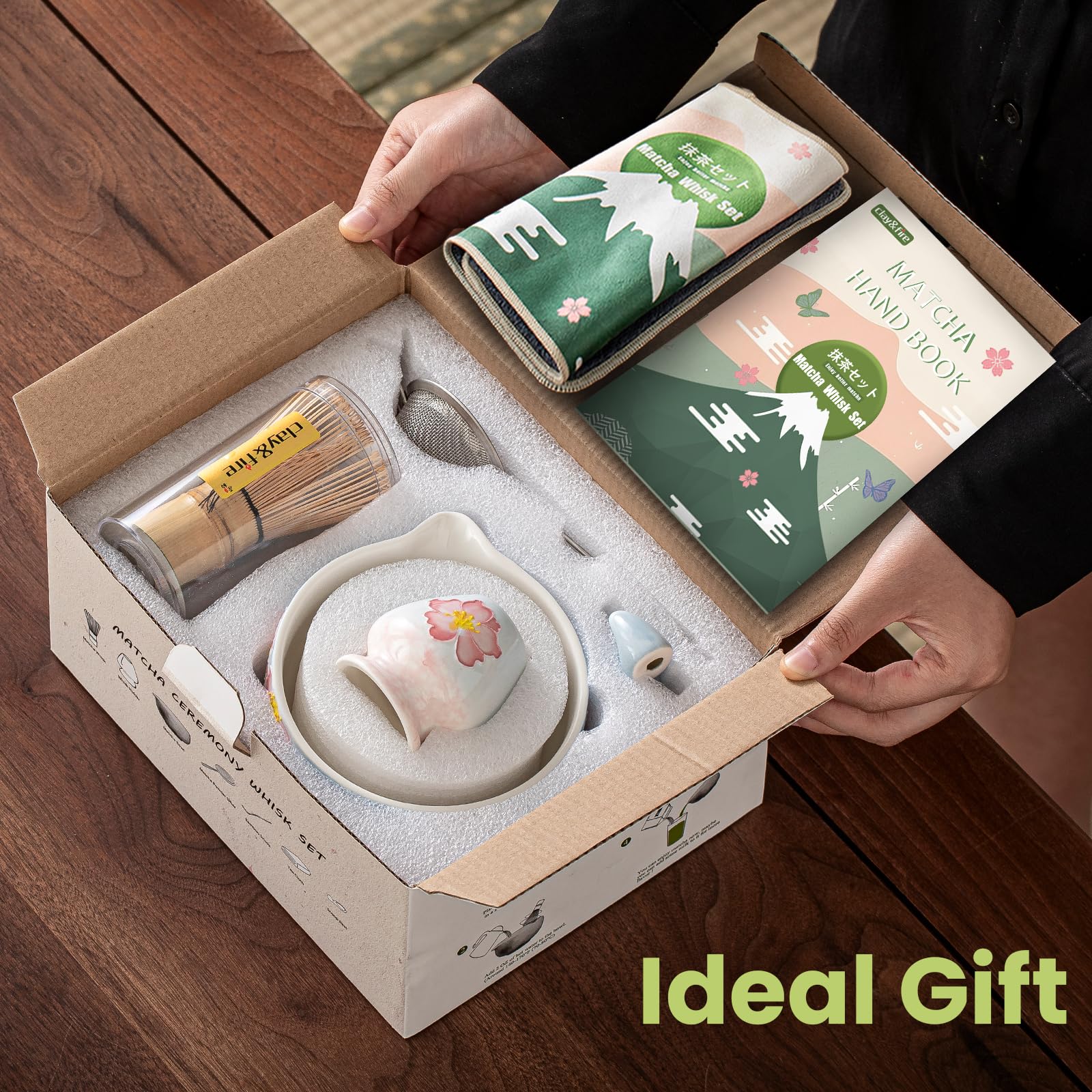 Clay&Fire matcha handbook with brewing tips and care guidance.