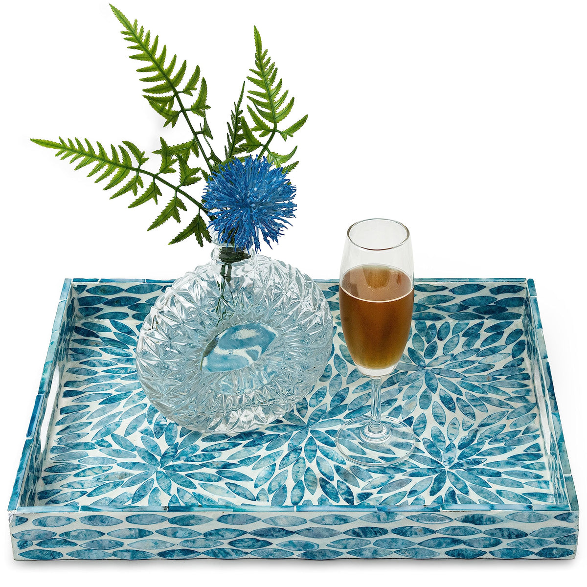 CLAYNIX serving tray with floral inlay enhances centerpiece appeal.
