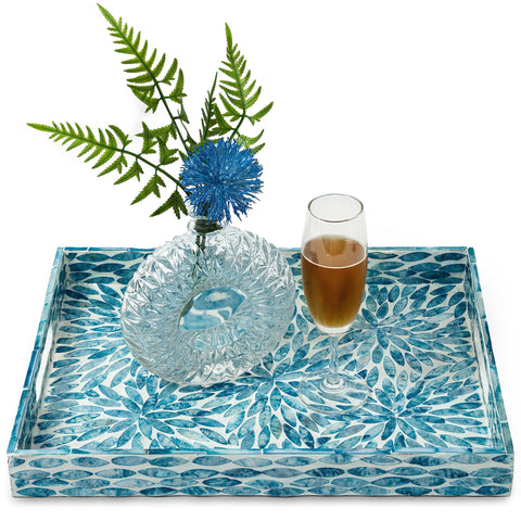 CLAYNIX serving tray with floral inlay enhances centerpiece appeal.