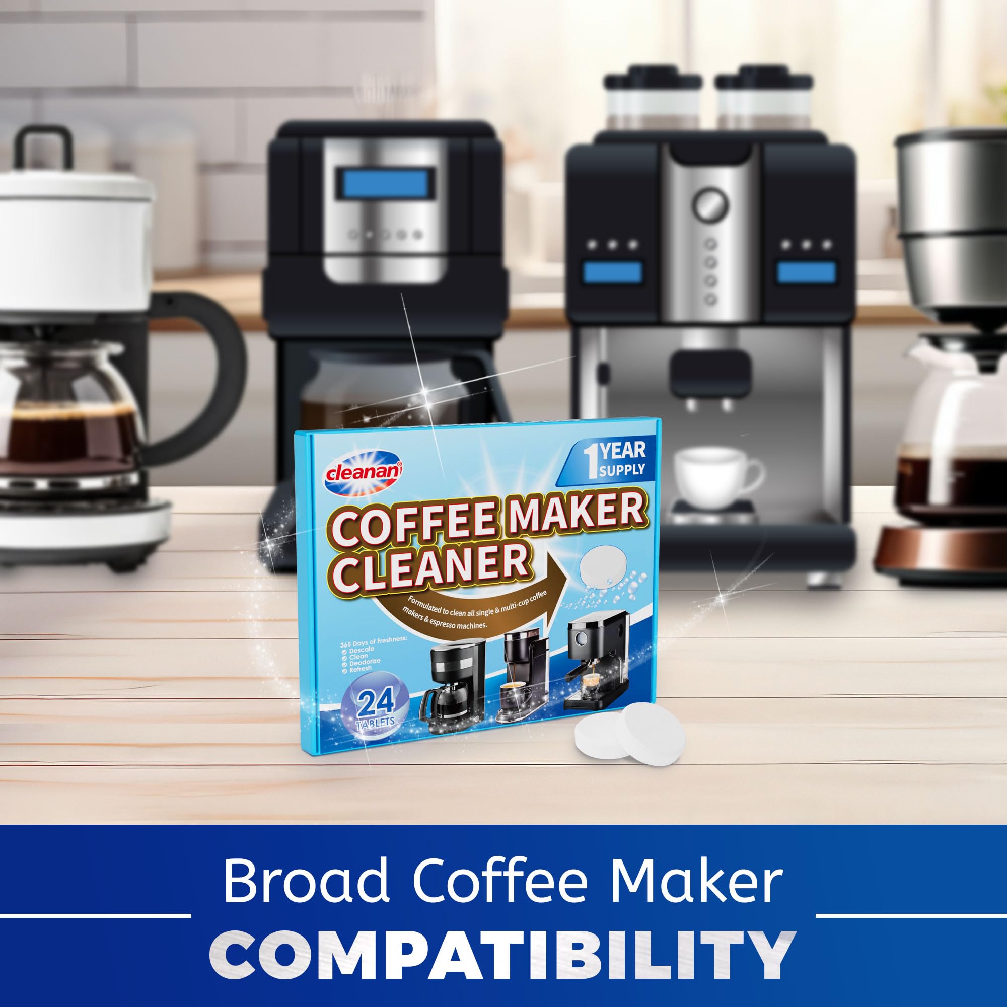 Cleanan compatibility icons illustrate suitability for all coffee maker brands