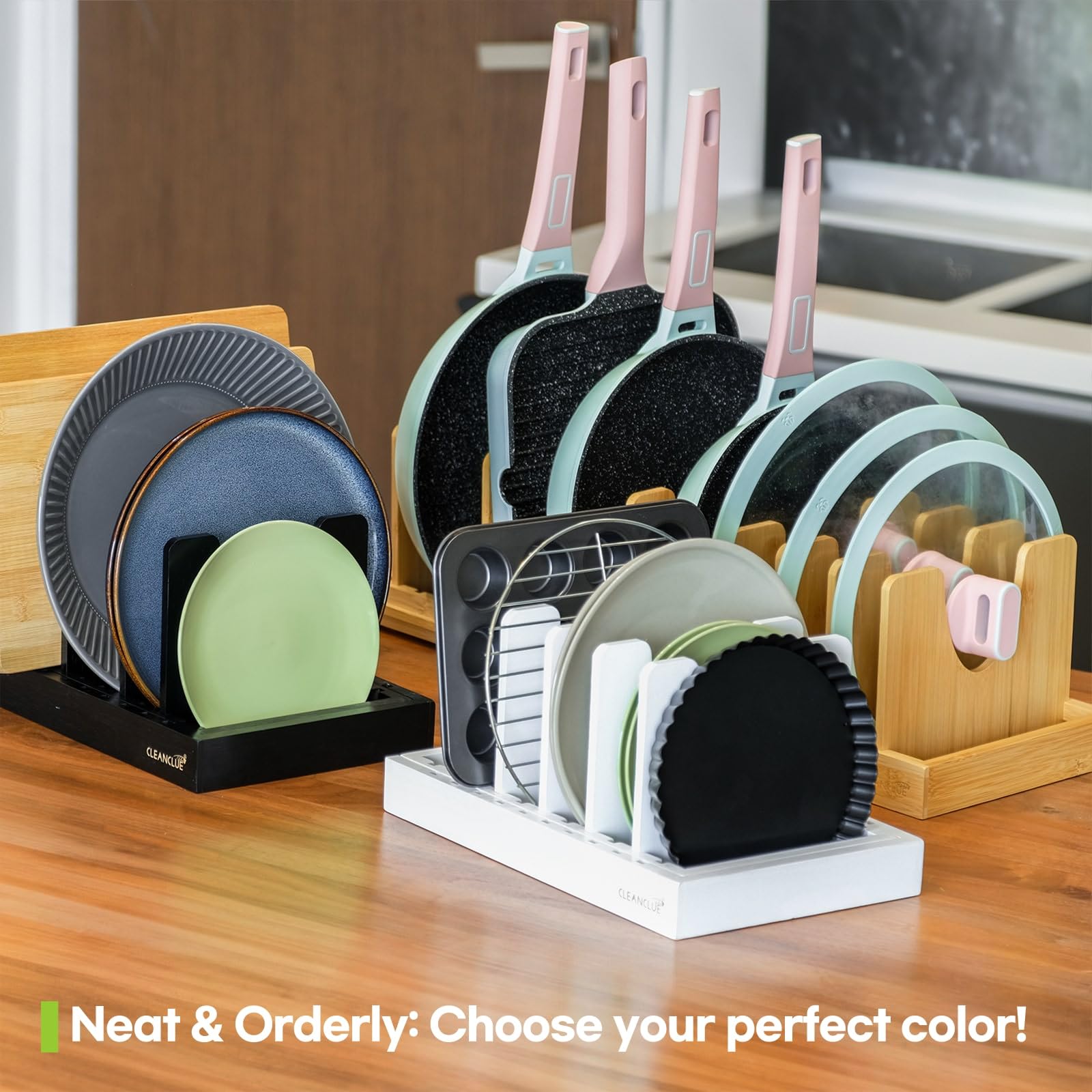 CleanClue natural bamboo with white or black finishes to match kitchens.