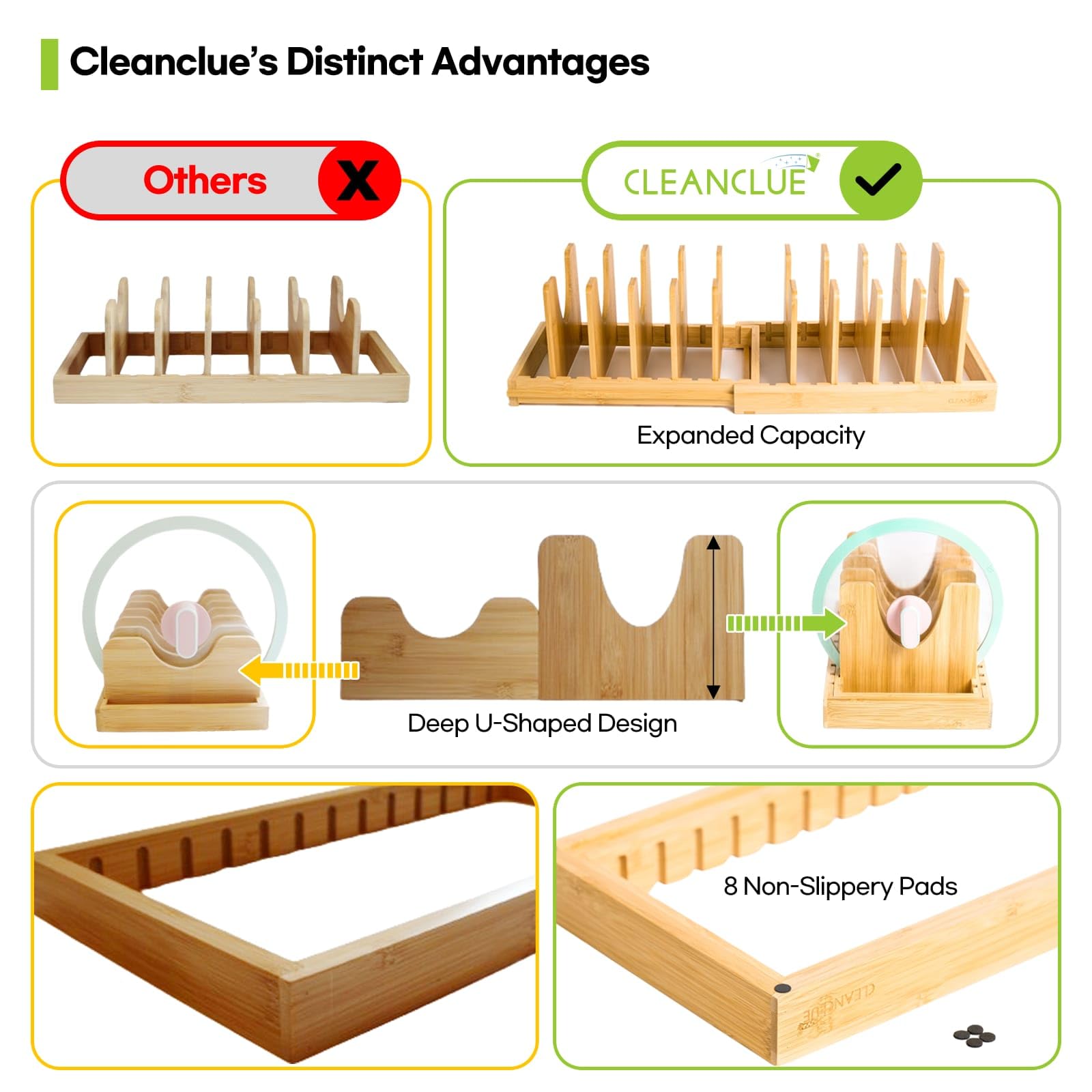 CleanClue keeps pots, lids, and bakeware neatly organized and accessible.