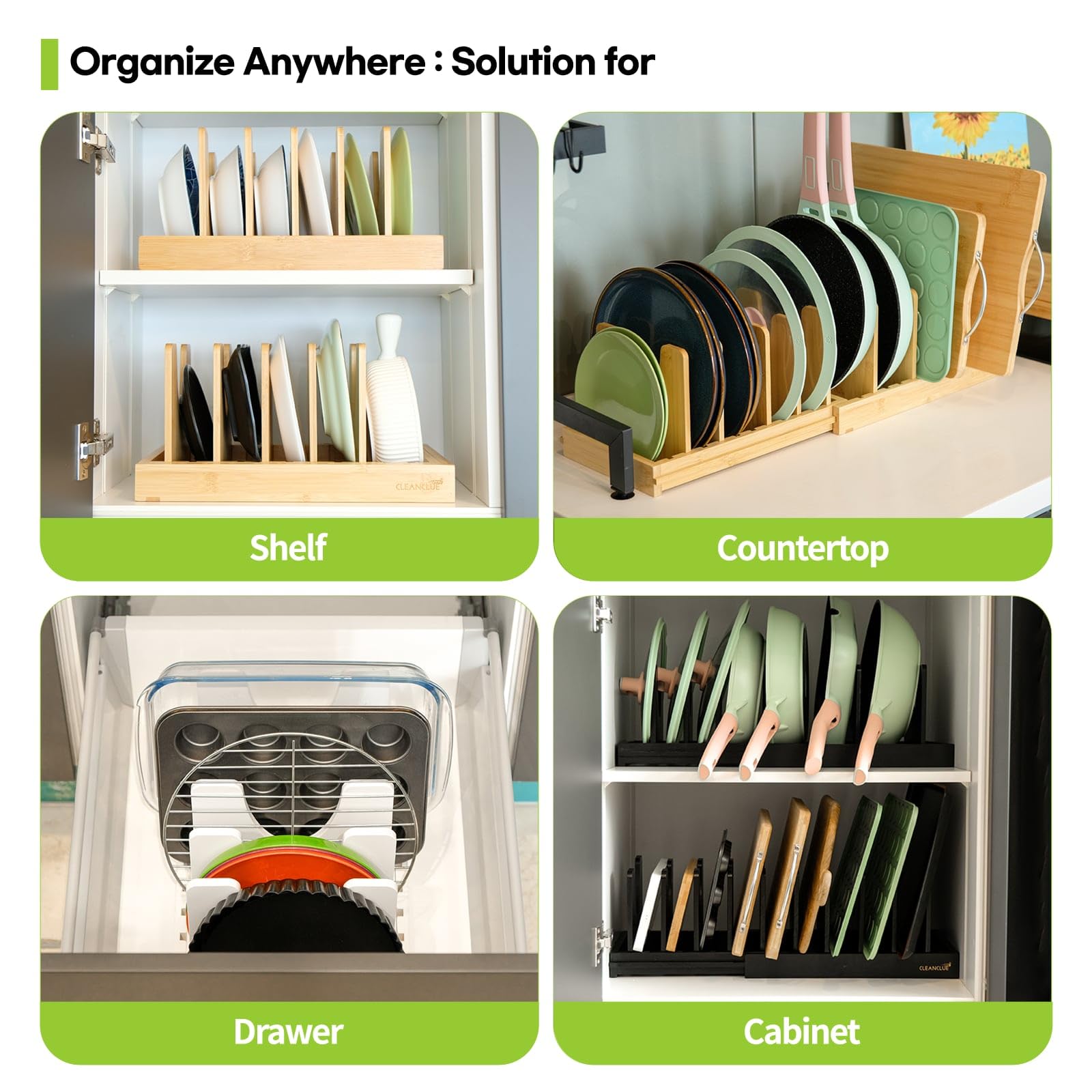 CleanClue heavy-duty support for sturdy cookware and durable organization.