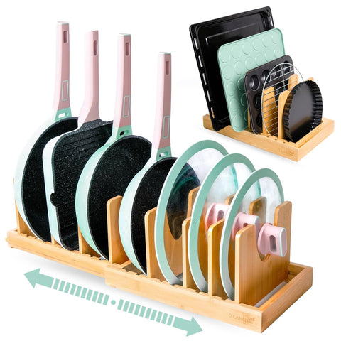 CleanClue pots and pans organizer under cabinet with expandable bamboo for space-saving storage.