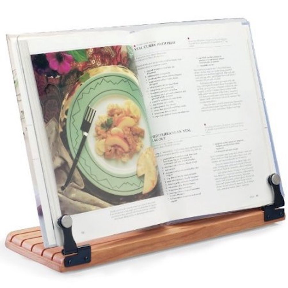 Clear Solutions Deluxe Cookbook Holder with cherry base keeps recipes clean and within reach.