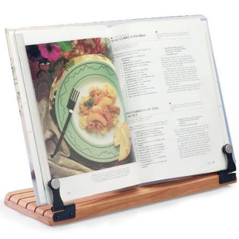 Clear Solutions Deluxe Cookbook Holder with cherry base keeps recipes clean and within reach.
