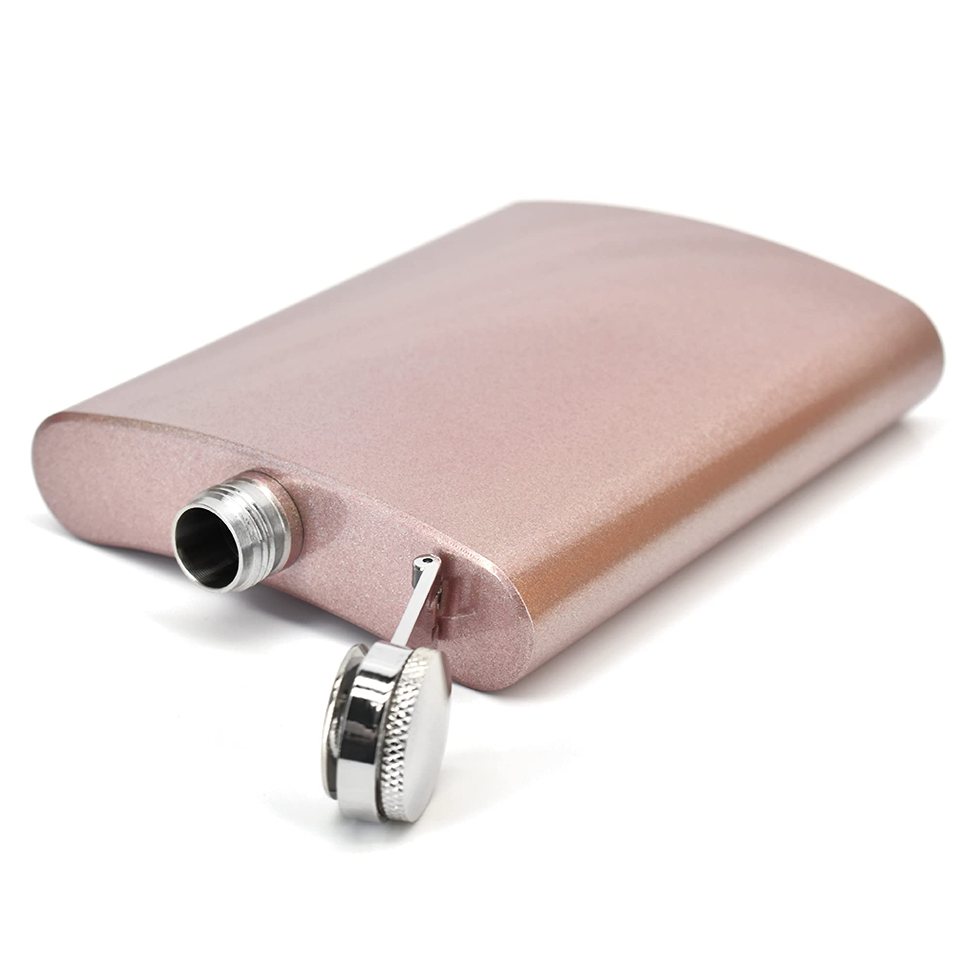 Clear Water Home Goods rose gold flask with funnel for easy on-site refills.