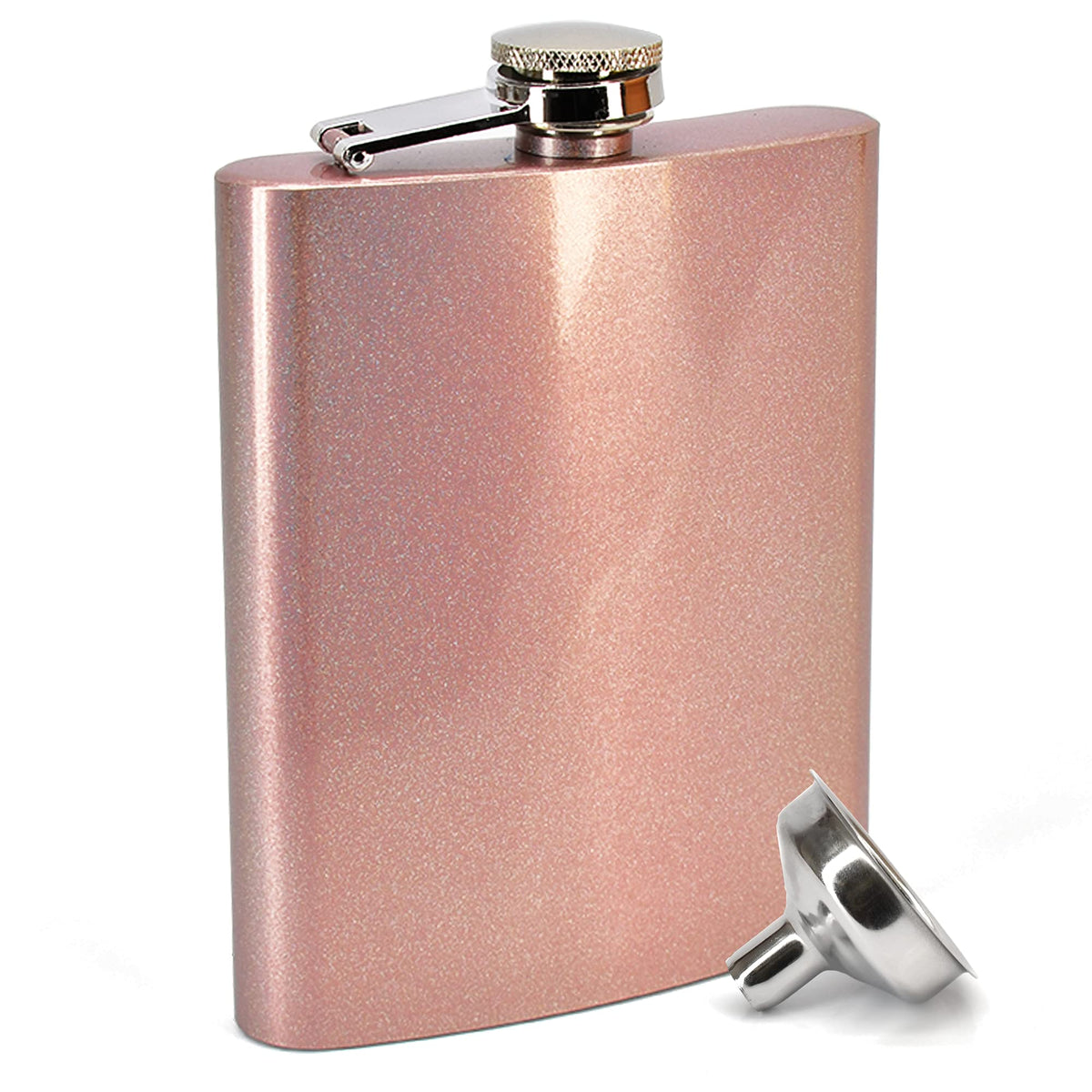 Clear Water Home Goods rose gold glitter flask, stylish on-the-go hydration for weddings.