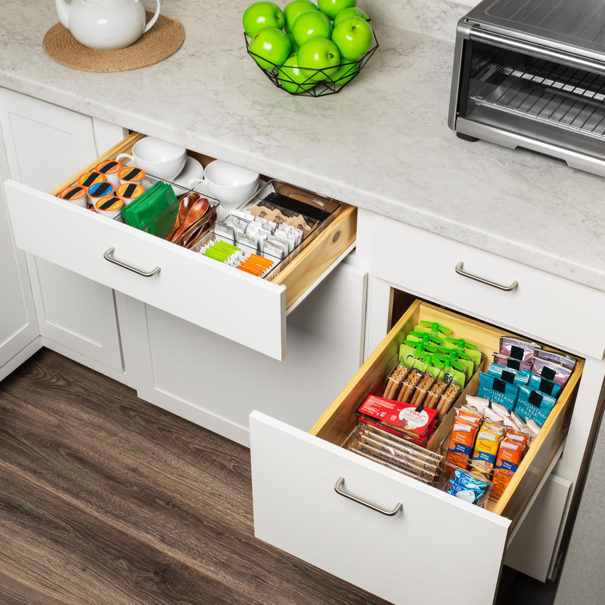 ClearSpace bin with built-in handle enables quick access on crowded shelves.