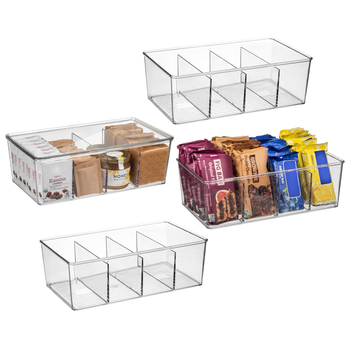 ClearSpace pantry bin with removable dividers and lids for organized fridge shelves and easy snack access.