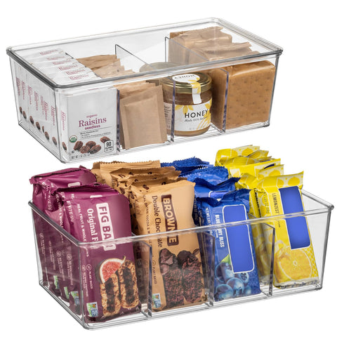 ClearSpace pantry bin with removable dividers and lids for organized snack storage.