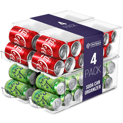 ClearSpace soda can organizer stacked with 12 cans for easy fridge storage and access.