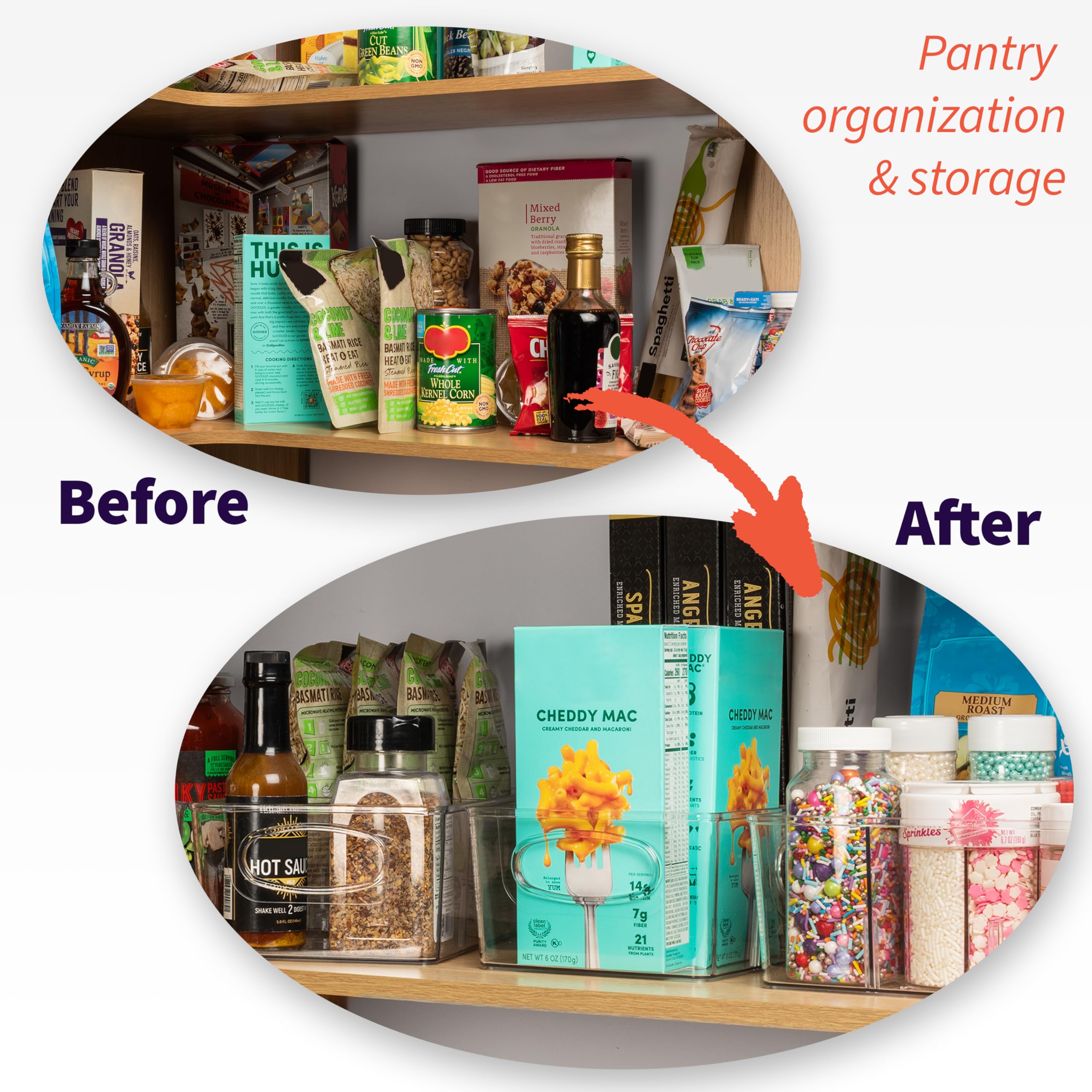 ClearSpace XL pantry bins with removable dividers enabling flexible compartments