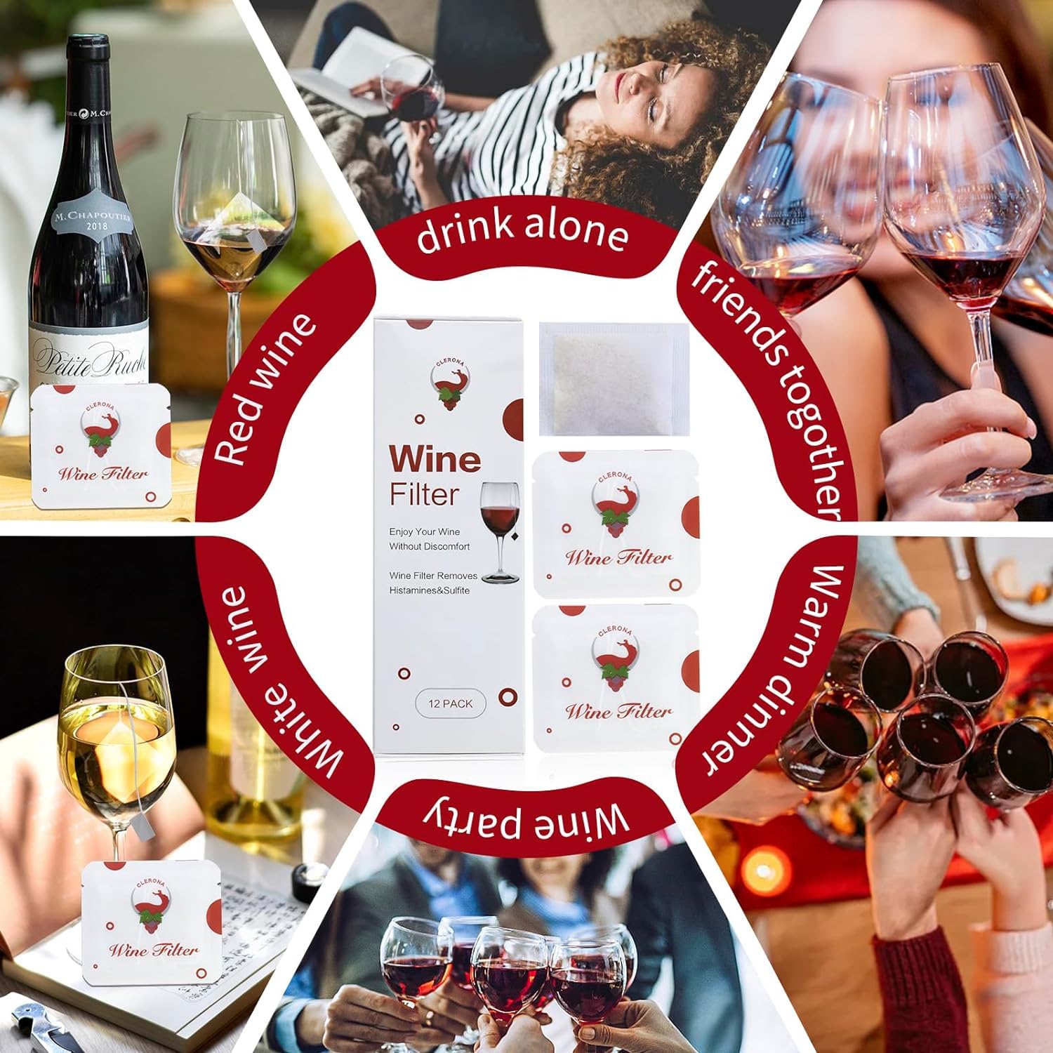 Clerona twelve-pack displayed on a party table for shared wine purification