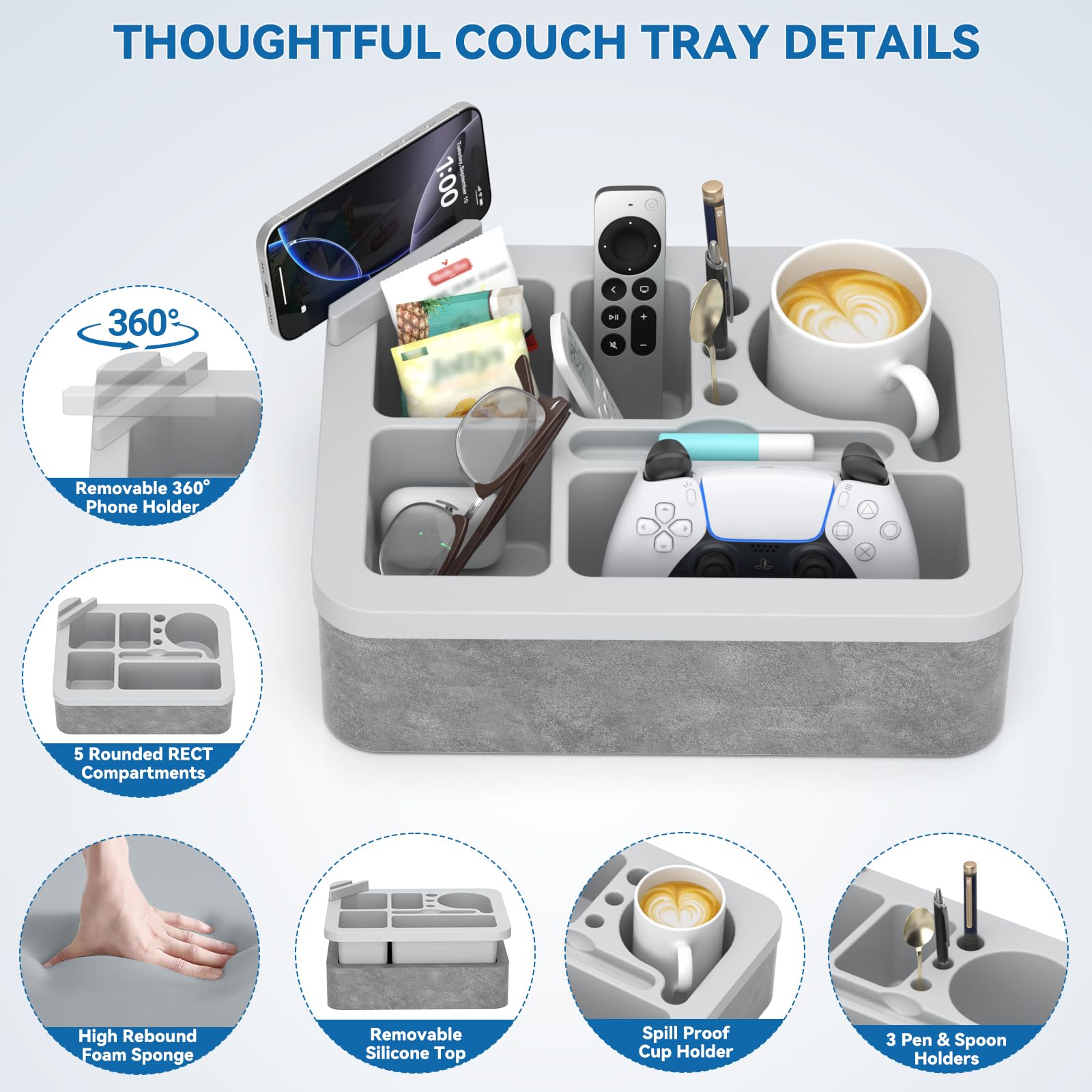 CLESOO couch tray with 360-degree rotation for optimal phone viewing