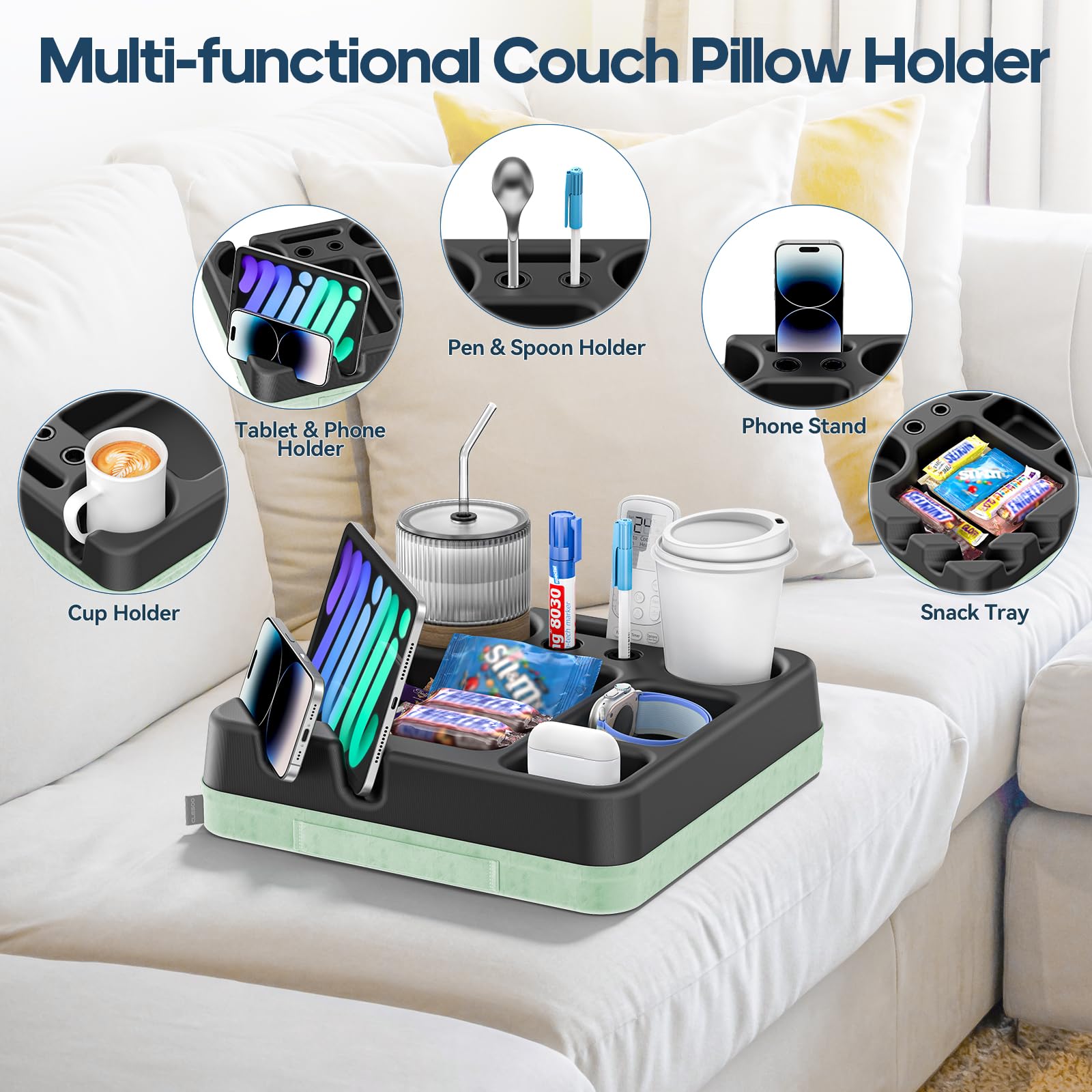 CLESOO tray dual cup holders prevent spills on sofa.