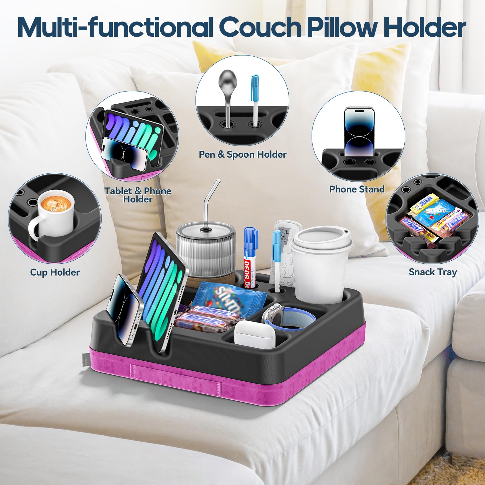 CLESOO couch caddy snack tray keeps snacks within reach during movie nights