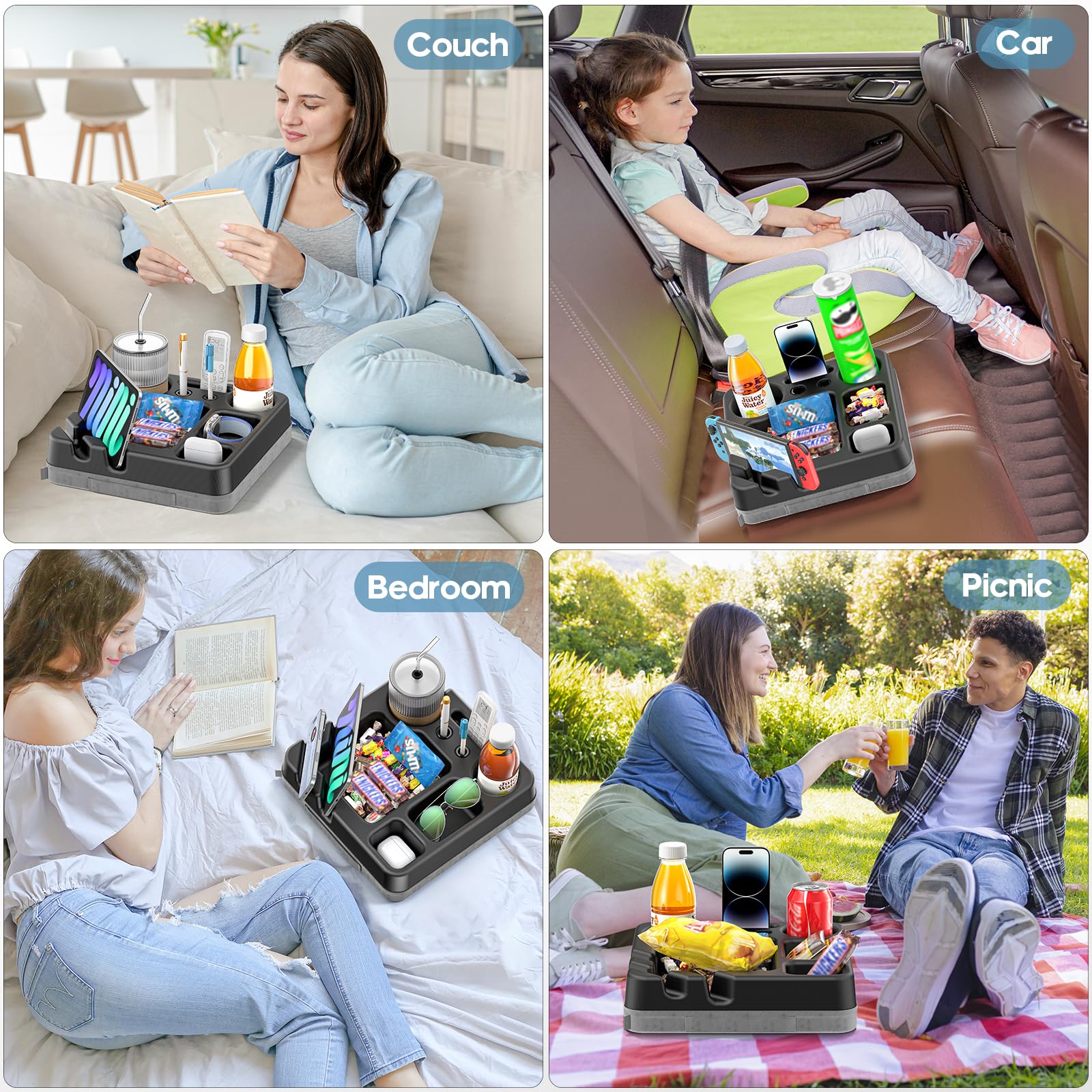 CLESOO couch cup holder tray remote and device slots demo.