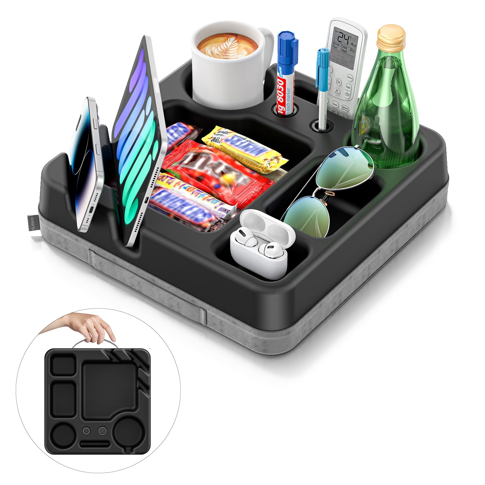 CLESOO dual cup holders with snack tray on a cozy couch.