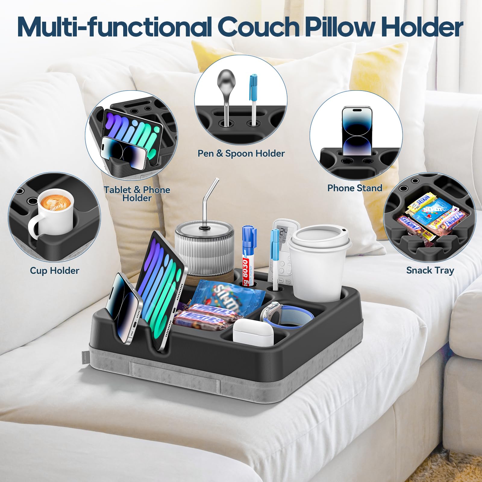 CLESOO couch cup holder tray in use on sofa with snacks and drinks.